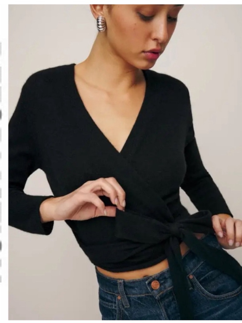 Reformation Cashmere Black Wrap Cardigan with Waist Tie - Picture 2 of 8